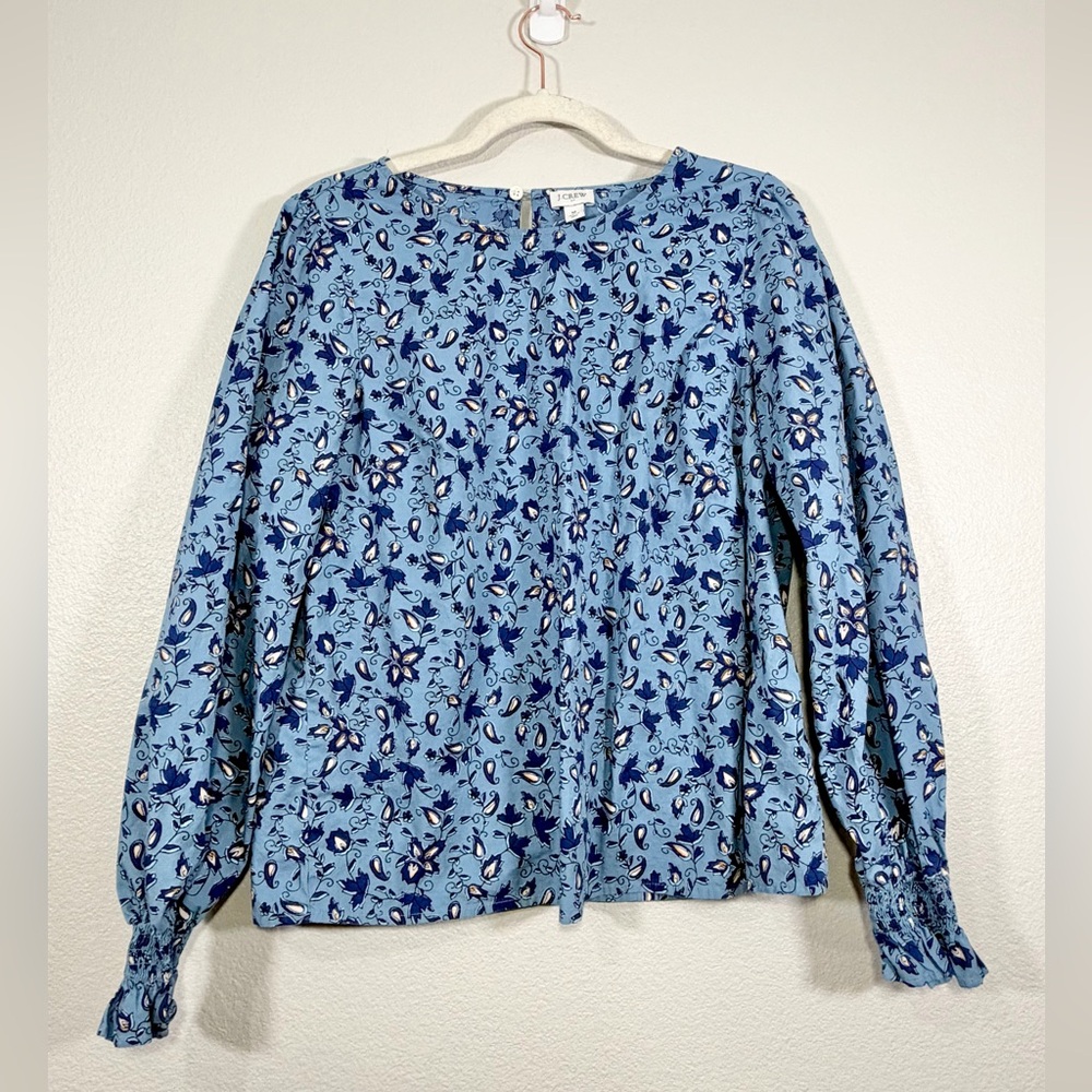 J. Crew Shirt Blue Floral Poplin Blouse Top Smocked Cuff Button Back Women M
